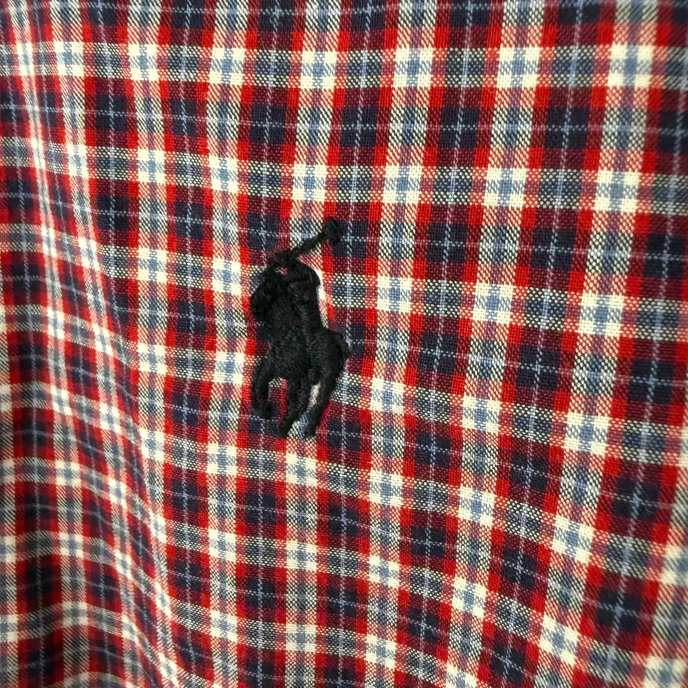 Ralph Lauren Boys Red White Blue Plaid Button Down Cotton Shirt Size 4 RN41381